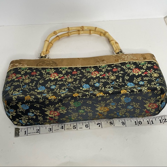 Asian Style Fabric Bag Bamboo Handles Zip Close - Picture 6 of 9